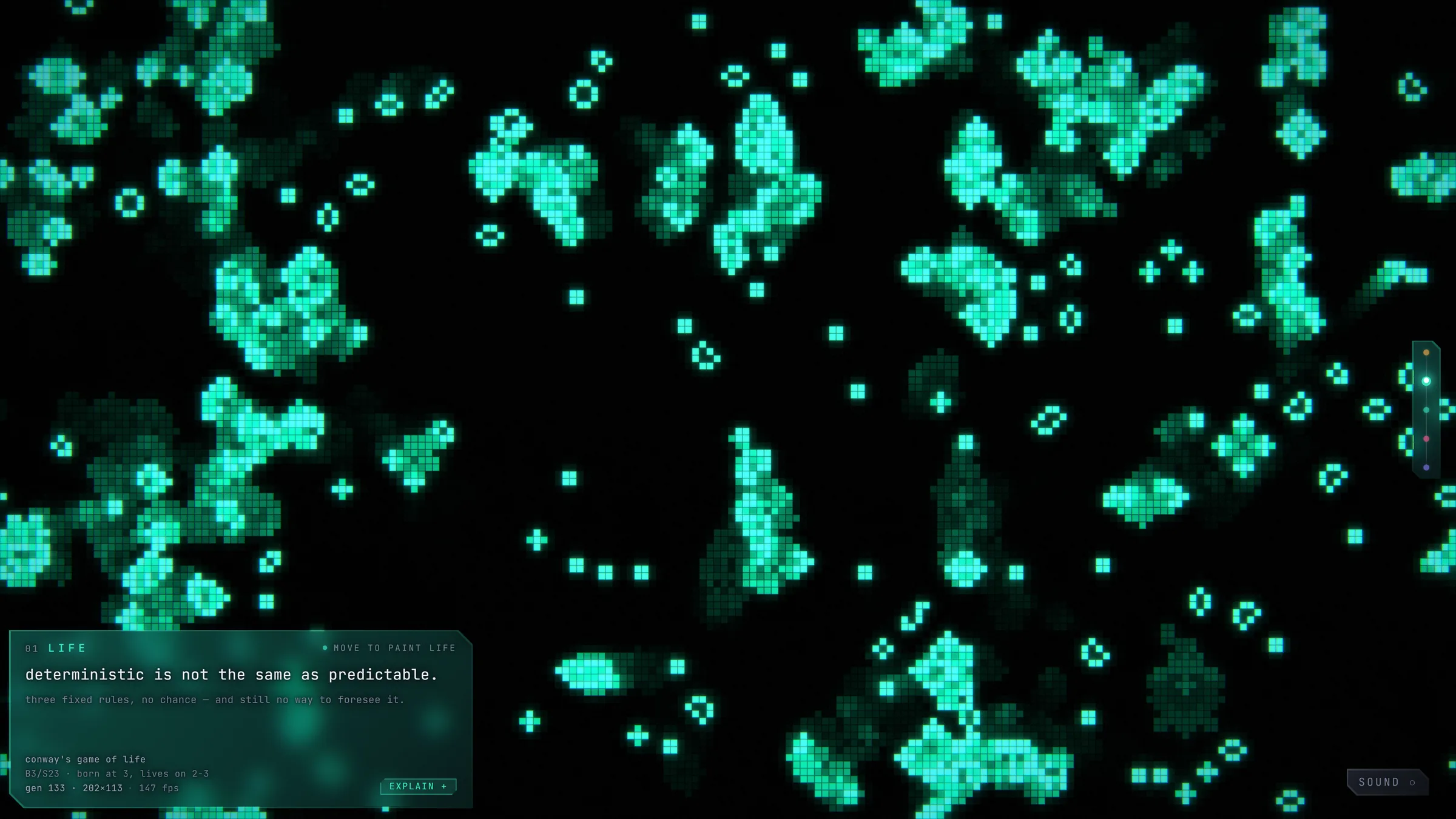 Life scene, green cell clusters growing on a black field